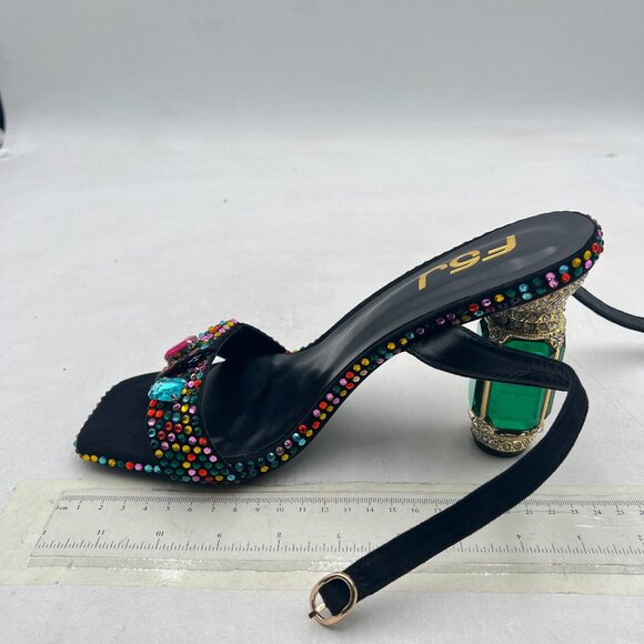 FSJ Black Gems Green Heel Open Toe Stylish Sandals Ankle Strap Ballroom Shoes - Picture 2 of 8